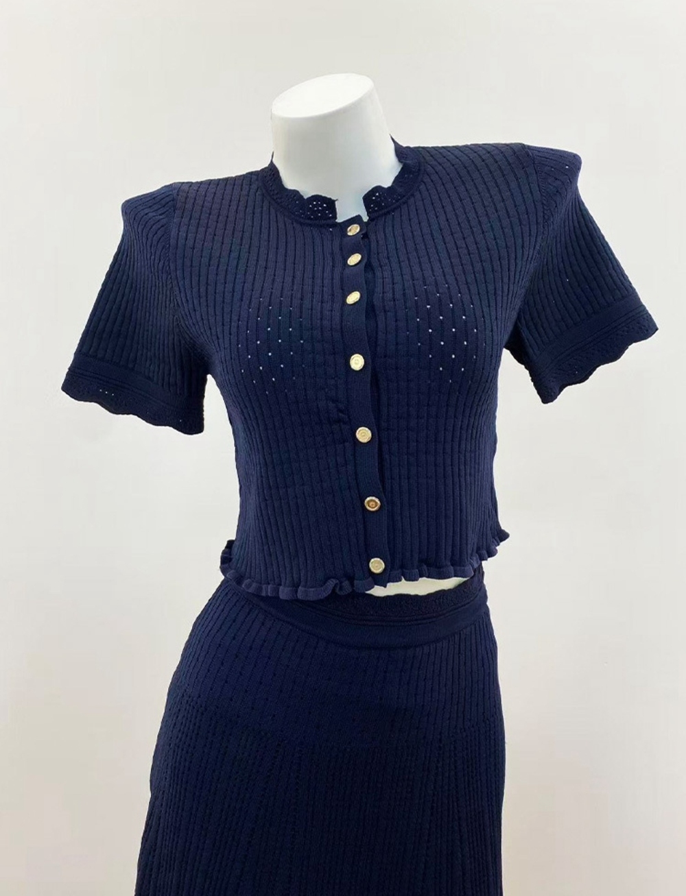 🦞Sandro Navy Knit Two‑Piece Set Cropped Top Long Midi Skirt - Picture 8 of 11